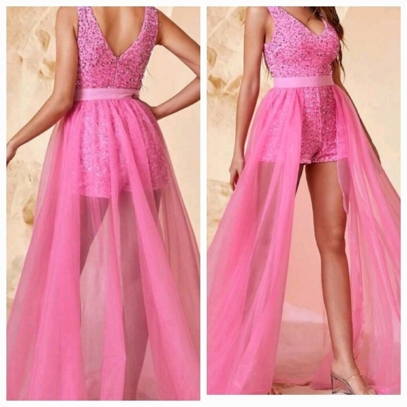 Hot Pink Party Tank, Sequin,  Mesh, V Neck Sleeveles… - Picture 1 of 9